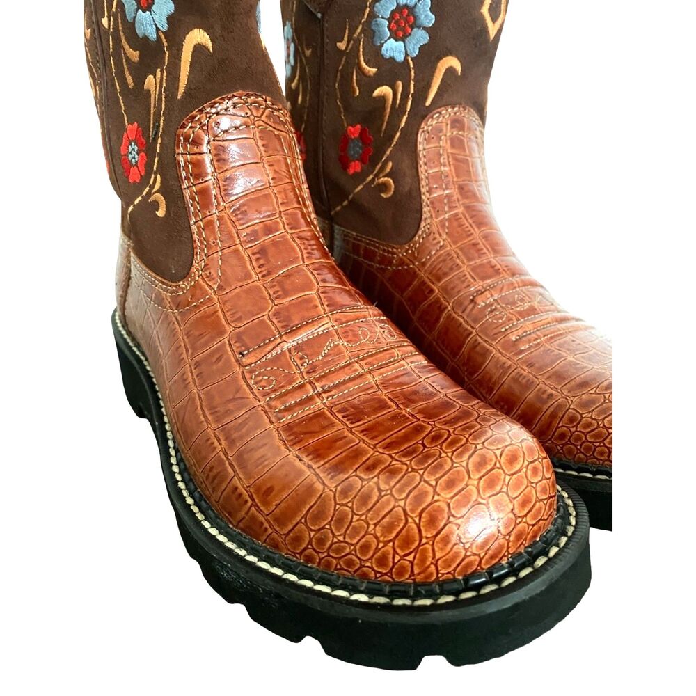 Ariat Fatbaby Embroidered Women's Boots 8.5 B Brown Leather Round Toe Chunky - Picture 2 of 7